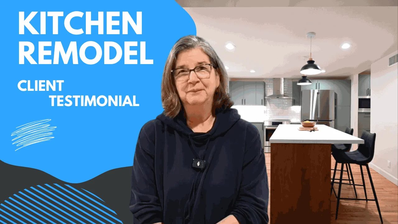 Kitchen remodel client testimonial video thumbnail featuring a woman and renovated kitchen by RnD Builders Inc