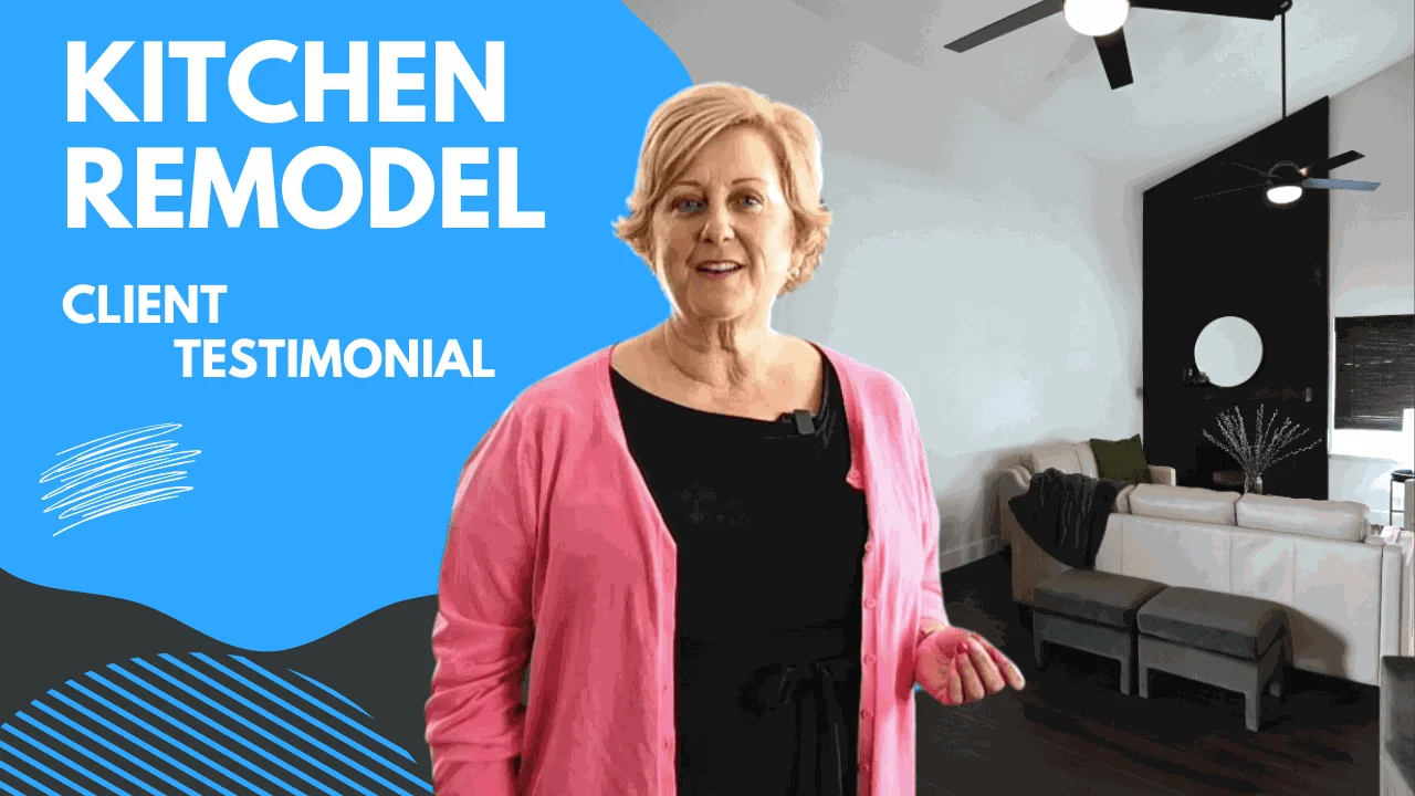 Client testimonial video thumbnail for a kitchen remodel featuring a woman speaking by RnD Builders Inc